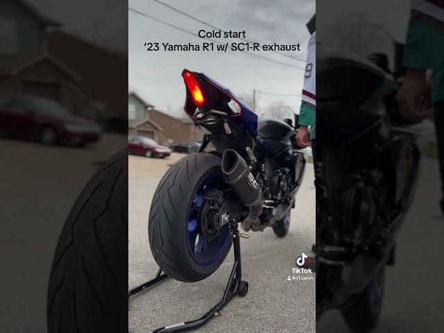 2023 Yamaha R1 cold start w/ a SC Project  SC1-R Exhaust. #motorcycle #yamahar1 #scproject #fyp