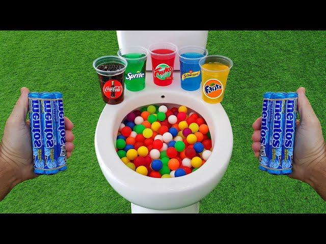 Mini Plastic Balls VS Popular Sodas !!! Schweppes, Coca Cola, Fanta, Fruko and Mentos in the toilet