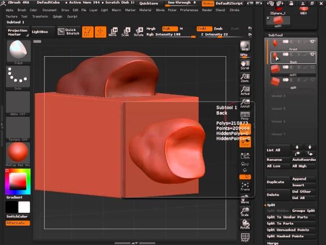 Zbrush 4R6 DynaMesh Spliting a model in half for 3D print )