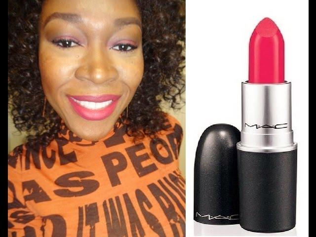 Mac All Fired up Lipstick Application. Pinky-Red Lipstick