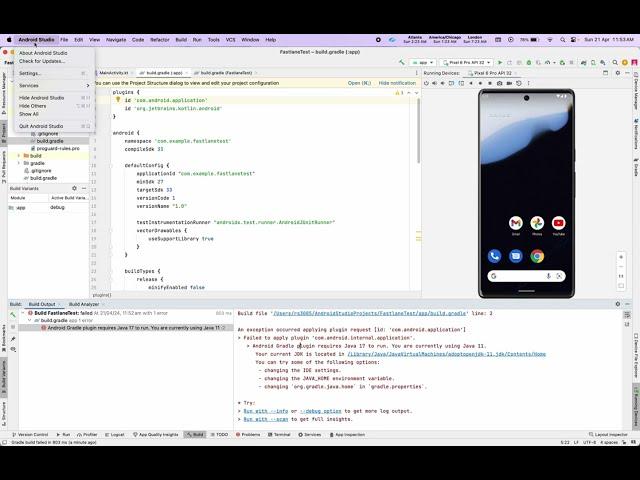 Fix for Android Gradle plugin requires Java 17 to run You are currently using Java 11 Android Studio