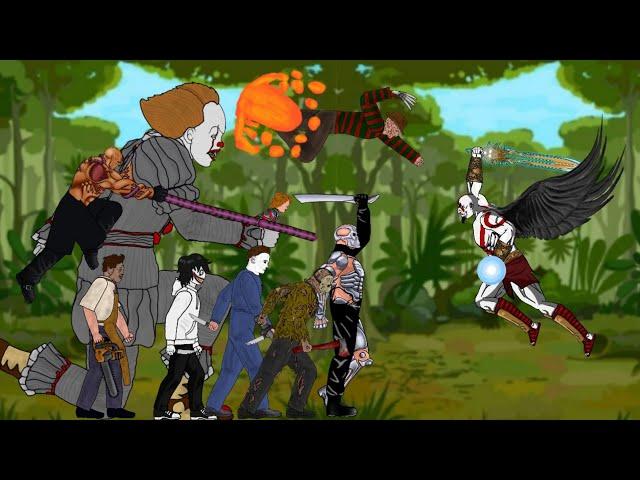 God of War Kratos vs Jason Voorhees, Michael Myers, Leatherface, Freddy Krueger, Chucky, Nemesis.