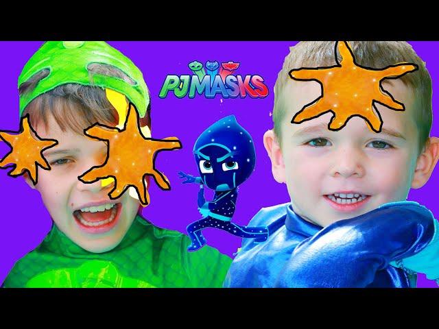 PJ Masks NIGHT NINJA TROUBLE with Gekko & Catboy on GIANT BOUNCE CASTLE SLIDE!