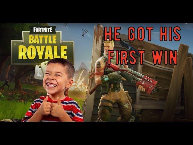 9 Year Old Kid Gets His First Win In Fortnite!! (Freaks out)