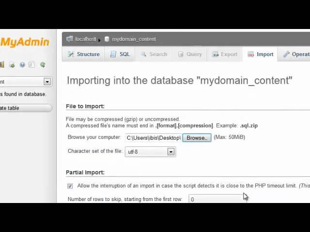 Importing MySQL databases and tables using phpMyAdmin