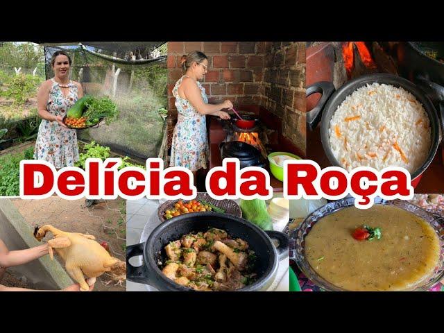 Almoço caipira - pirão com frango na panela de barro / saladas sobremesa e + pathy vida na roça