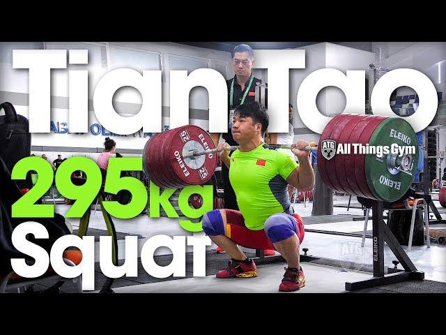 Tian Tao  295kg / 650lbs Squat Session w/ 195kg C&J 2018 World Championships Training Hall [4k]