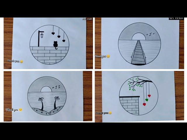 Easy 4 circle scenery drawing ideas || Pencil drawing in circle easy drawing  @Artcraft2m