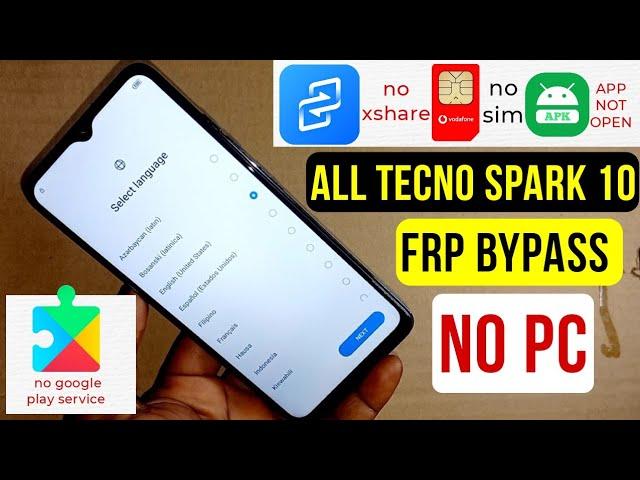 Tecno Spark 10c (Kl5k, Kl5Q) Frp Bypass/Google Account Remove Without Pc |  App Not Open, No Xshare]