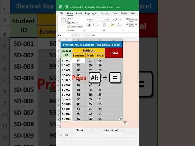 Use Shortcut Key of SUM function to Calculate Total Marks in Excel #shorts #excel #excelbasic