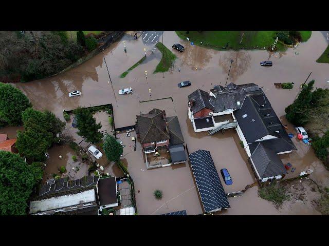 Drone footage shows New Year's Day flooding in the North of England following heavy rain | SWNS