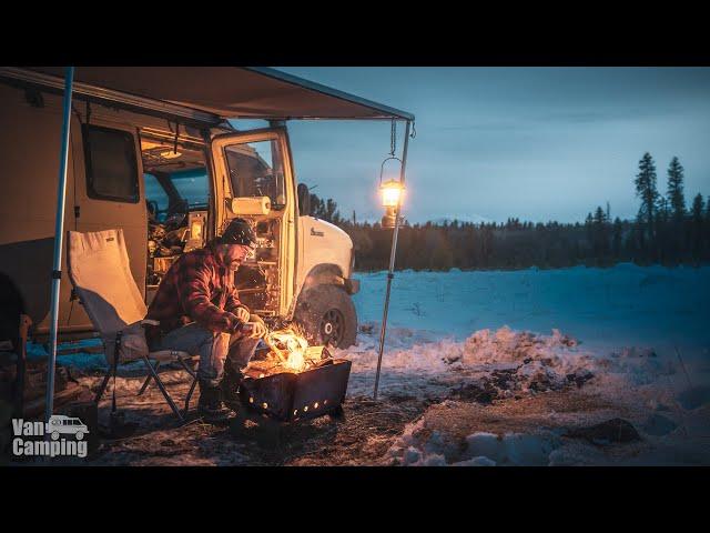 Van Camping Winter Storm Advisory Snow Biscuits and Gravy Campfire and Whiskey