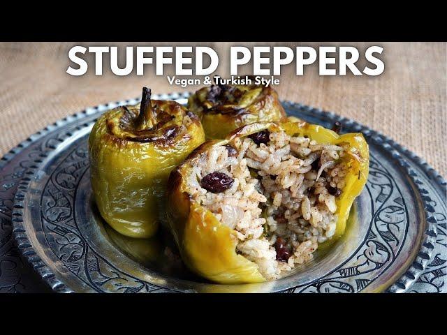 VEGAN Turkish STUFFED PEPPERS, Oven-Baked - Zeytinyağlı Biber Dolması