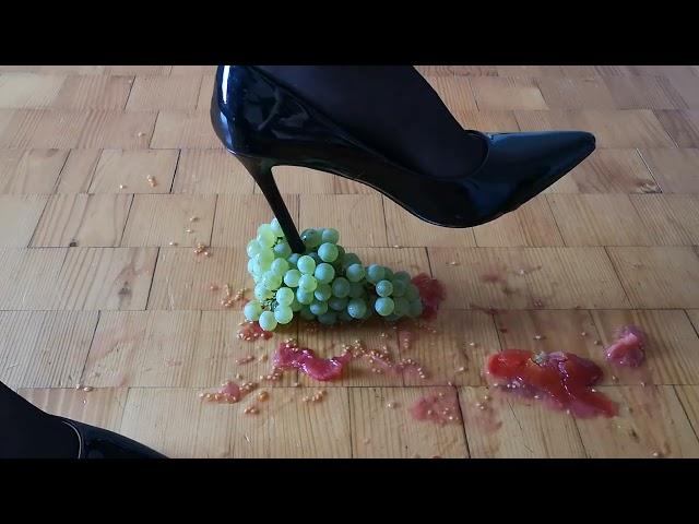 Heels crush grapes and tomato | Heels trample grapes | Crushing with black heels