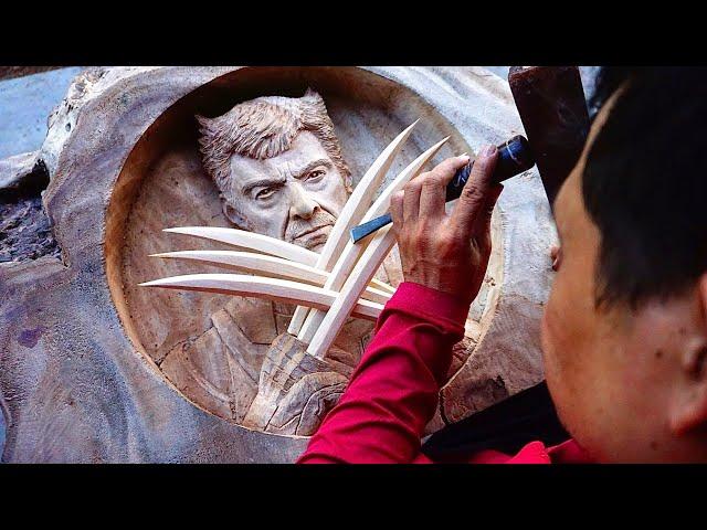 How to Carve WOLVERINE out of Wood - Hugh Jackman Portrait Wood Carving - Deadpool & Wolverine