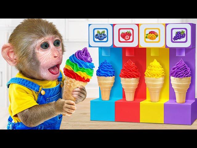 KiKi Monkey discover Four Colors Fruit Ice Cream in Magic Machine with Baby Alien | KUDO ANIMAL KIKI