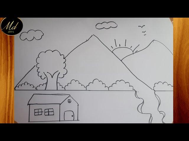 How to draw Scenery of Summer Season | Indian Village scenery drawing | Prakritik drishya drawing