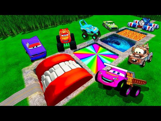 Giant Pit With Mouth& Acid & Rainbow Vs Huge & Tiny PIXAR CARS! BeamNG Drive