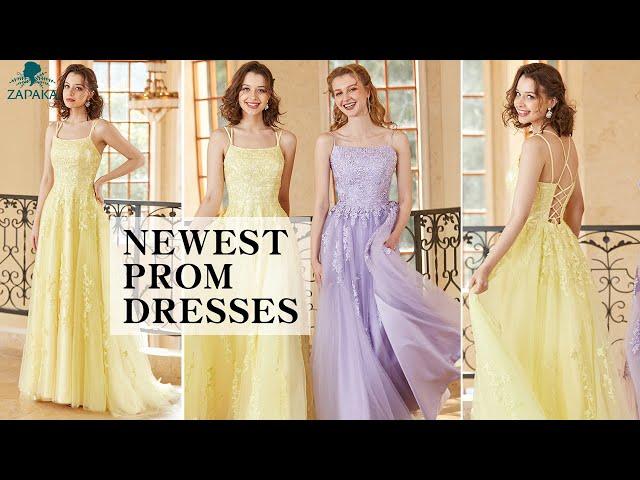 ZAPAKA Gorgeous Yellow A Line Spaghetti Straps Long Prom Dress with Appliques