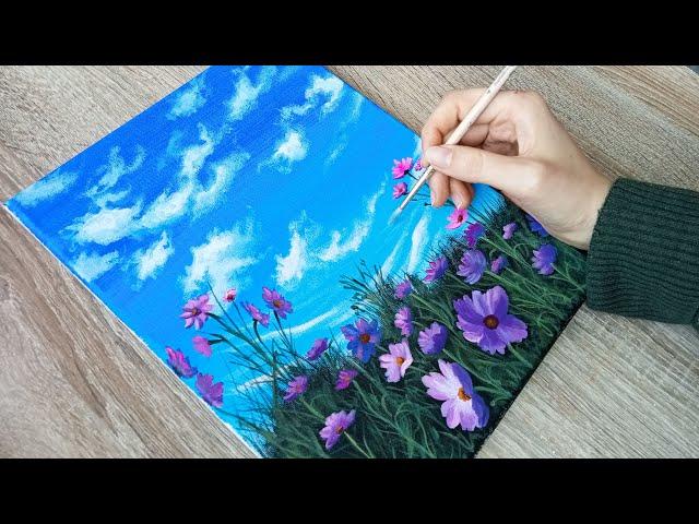 We paint a spring landscape with acrylic paints on canvas. How to PAINT a COSMEY flower.