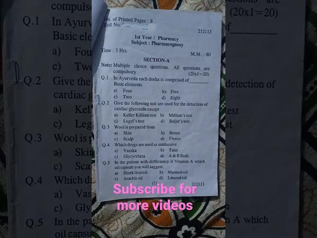 Pharmacognosy d pharmacy 1st year question paper 2022