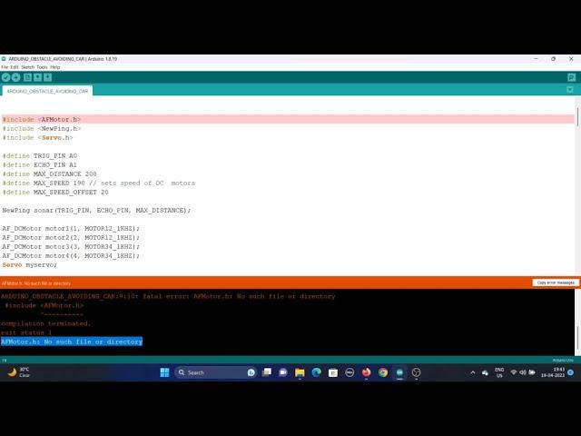 Obstacle Avoiding robots using Arduino code Error, AFMotor.h: No such file or directory, NewPing.h: