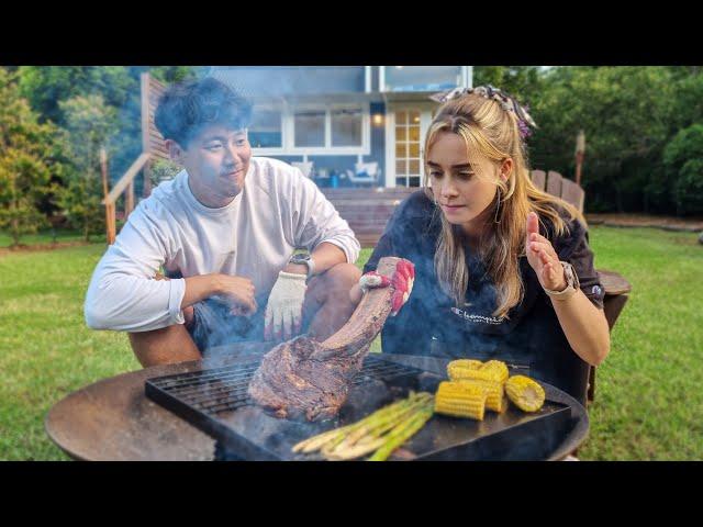 GIGANTIC JUICY Grilled Tomahawk First Time Outside In The Nature | Outdoor MUKBANG AMWF Couple VLOG