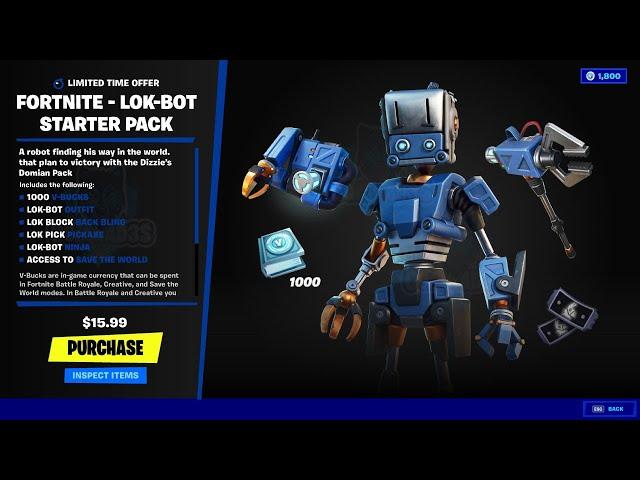 *NEW* Lok-Bot Starter Pack in Fortnite -  Lok-Bot Skin, Back Bling and Pickaxe - Save The World Pack