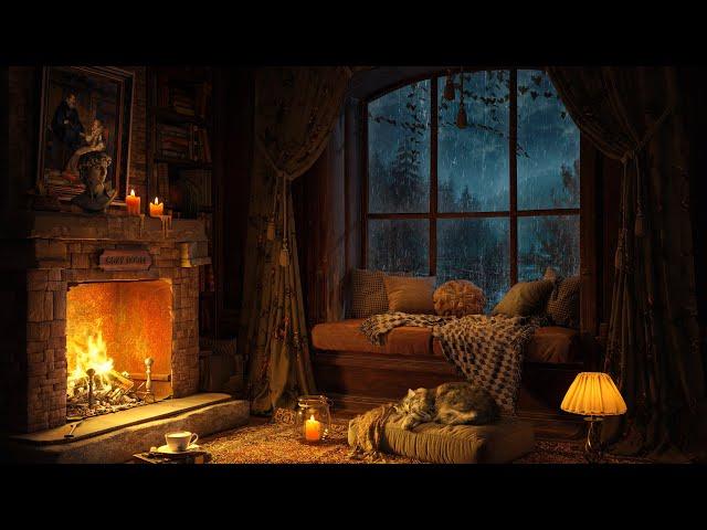 Rainy Night in Cozy Reading Nook ️ Soft Jazz Music ️ Heavy Rain, Fireplace Sounds for Sleeping 4K