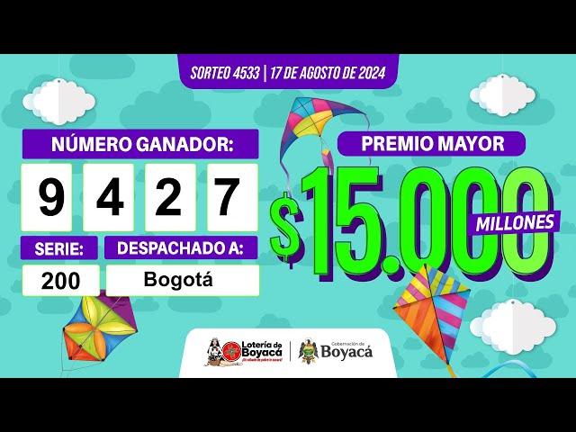 Premio Mayor | Lotería de Boyacá Sorteo 4533 #CanalTelesantiago 17 de agosto 2024