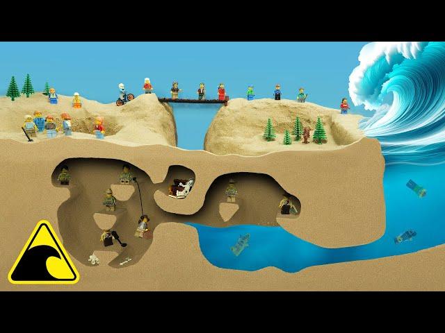 Trapped Cavers in a Flooded Sea Cave - LEGO Flood Disaster - Tsunami Dam Breach Experiment