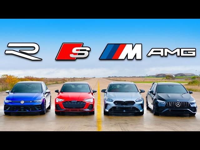 Кто победит в заезде:  новый VW Golf R или BMW M135 или Audi S3 или же AMG A35?