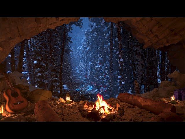 Relax In A Cozy Winter Cave With A Crackling Fire | Fall Asleep Fast | Winter Ambience | 4K | 8Hrs