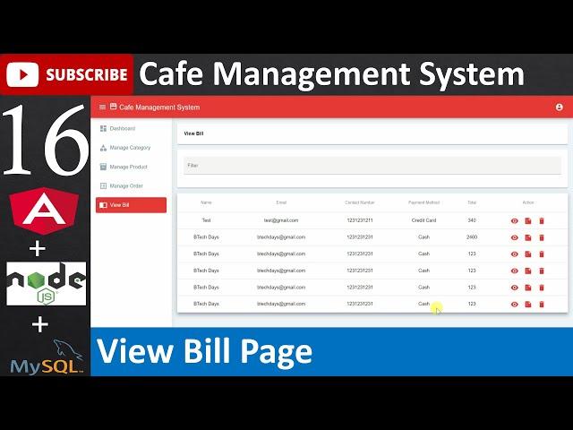 16. Cafe Management System - View Bill Page (Angular, Node.js, MySQL Database)