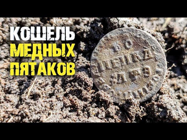 Кошель пятаков и Петр первый. Поиск с металлоискателем.