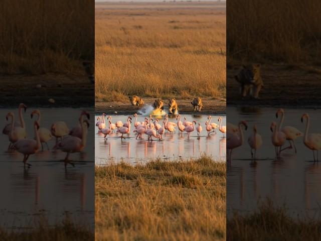 Lions targeting flocks of flamingos f in Africa's Serengeti Lake  #animals #wildlife #lion #flamingo