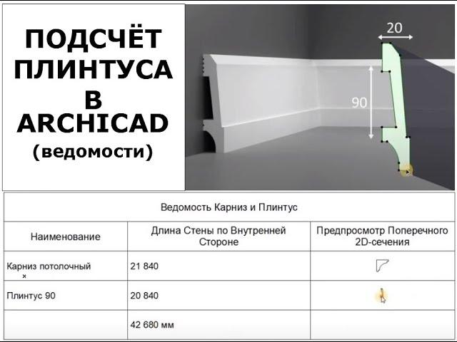 Ведомости в Archicad (м2, м.п, м3) / Плинтус, карниз, штукатурка.