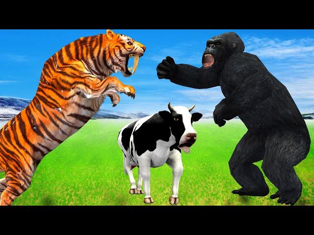 Giant Gorilla Fight Tiger Attack Cow Cartoon Saved By Elephant Mammoth Animal Fights