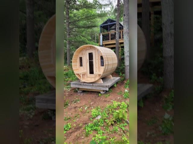 Muskoka Lakeside Barrel Sauna with Harvia M3 woodfired heater #sauna #saunatime #saunalife #summer