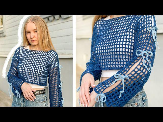 TREND 2024 | MESH SWEATSHIRT with bows on the sleeves    | Crochet tutorial