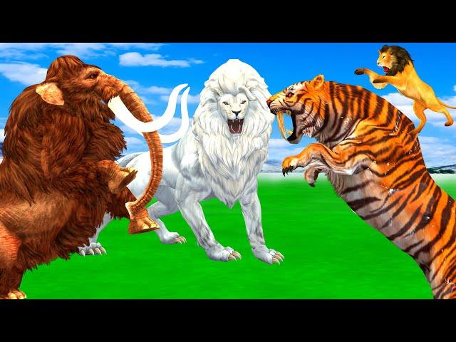 Mammoth Elephant Cow vs Giant Lion vs Zombie Dinosaur Fight Buffalo Elephant Saved by Woolly Mammoth