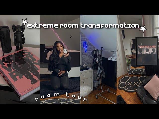 extreme room transformation and room tour | kaws decor + amazon finds *all black aesthetic*