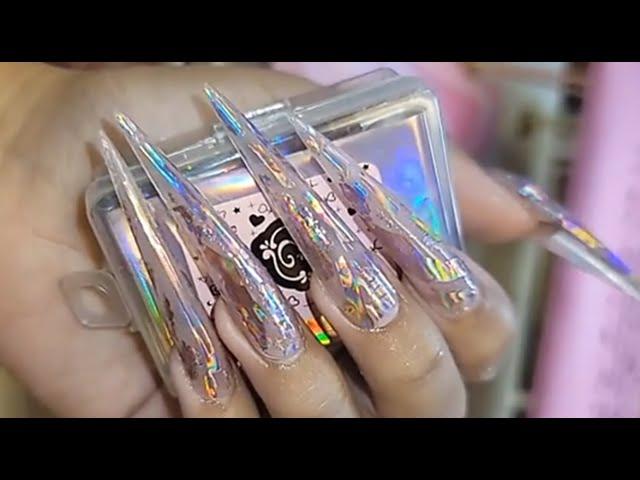 123go 5xl stiletto and rose gold hologram foil Long Nails - Max Estrada