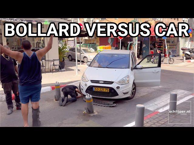 Car crashed on bollard in Florentin St, Tel Aviv