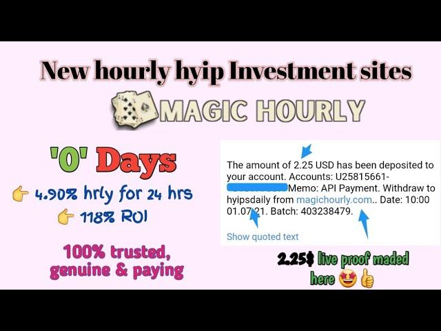 Best hourly HYIP site 2021: #magichourly.com | 0 day | 4.90% hrly (118% roi) | Min: 2$ | #hyipsdaily