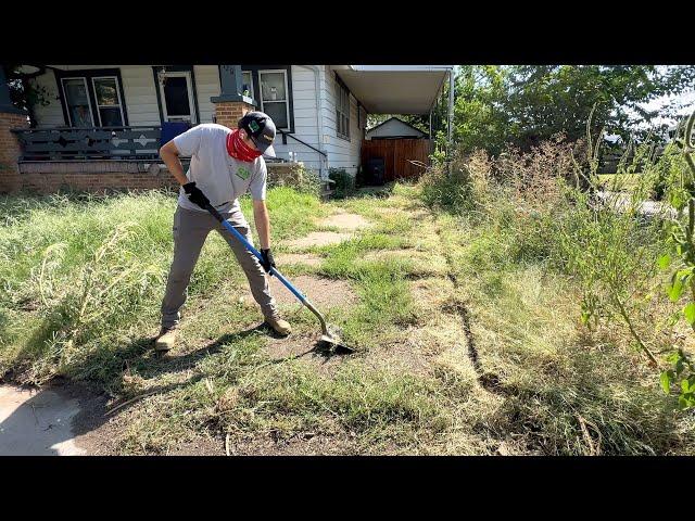 He couldn't RECLAIM his UNKEPT lawn with the tools he had