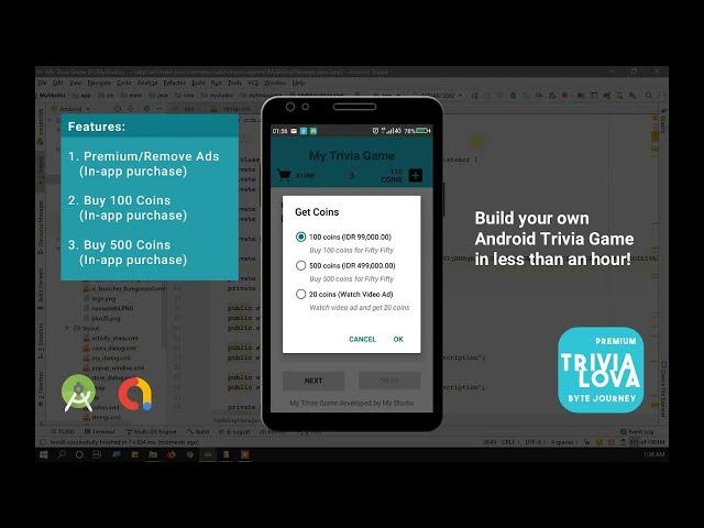 (Demo) Removing Ads and Adding Buy Coins Features on "Trivialova" | In-app purchase | Android Studio