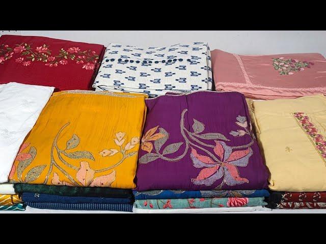 SEMIMODAL SILK DESIGNER SET|SUPERNET KOTA WITH CROSS STITCH EMBROIDERY|PURE LINEN WITH HANDWORK|