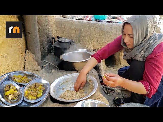 Cooking Traditional Food "Meatball and Potato" in Beautiful Old Village Yard