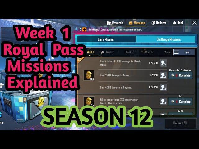 Season 12 WEEK 1 Royal Pass Missions Explained Pubg Mobile | Week 1 RP Mission Pubg Season 12